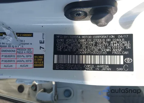 2017 Toyota Prius Prime Plus z USA, uszkodzony, nr VIN JTDKARFP1H3023165